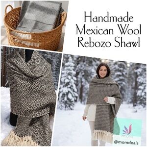 Mexican Rebozo Shawl in Brown on Cream –100% Raw Wool, Thick, Large Winter Wrap